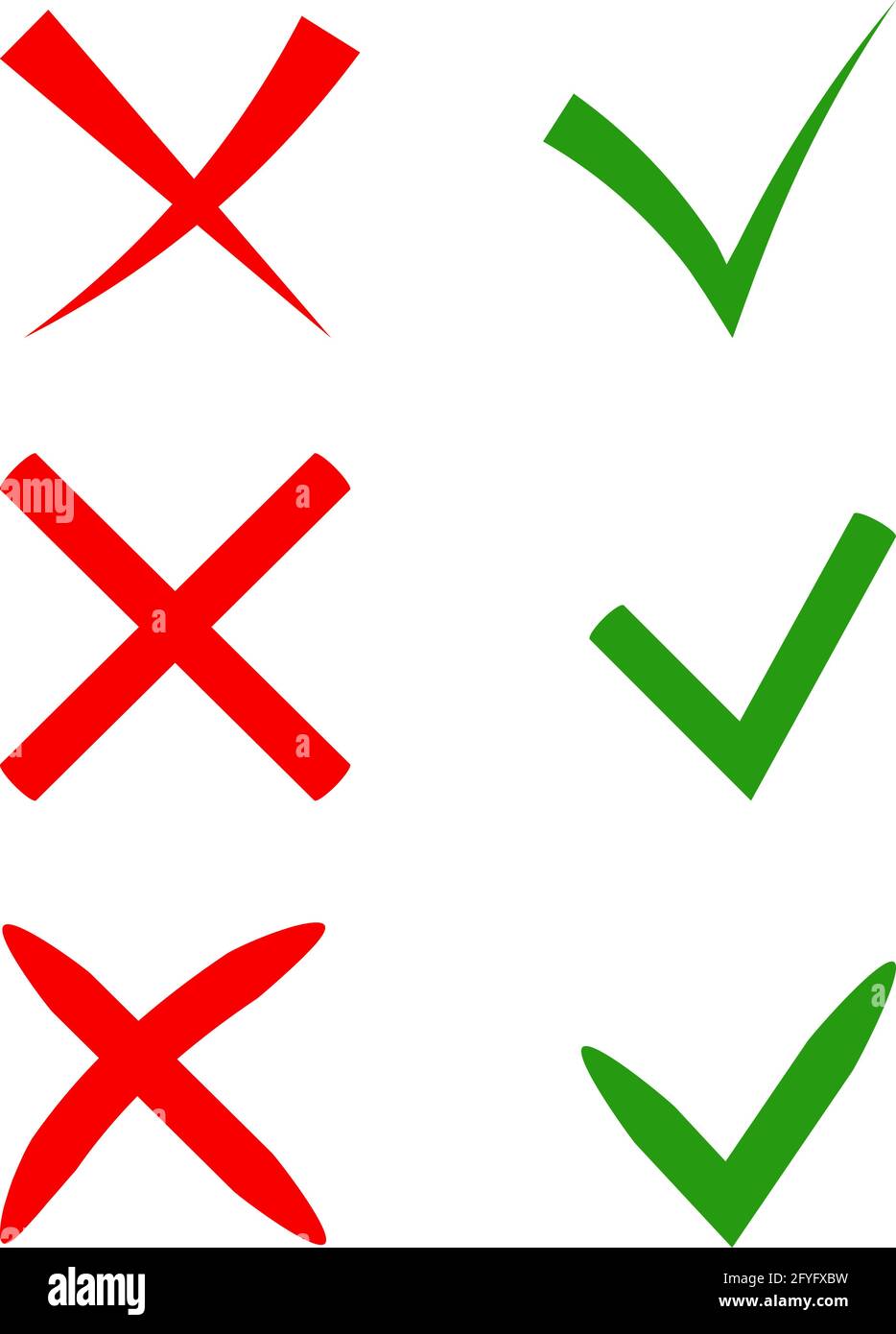 Vektor-stylische Häkchen gesetzt. Grüne Zecke und rotes Kreuz in verschiedenen Formen. JA oder NEIN Akzeptieren und Ablehnen. Vektorsymbole für Internet-Schaltflächen p Stock Vektor