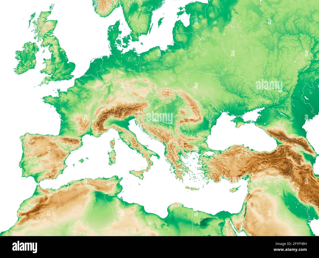 Physische Karte des Mittelmeers und Mitteleuropas, der Staaten und Grenzen, Nordafrikas und des Nahen Ostens. Berge, Seen und Ebenen. 3d-Rendering Stockfoto