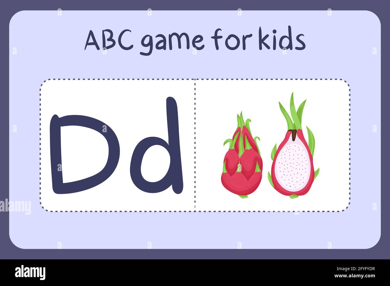 Kind Alphabet Mini-Spiele im Cartoon-Stil mit dem Buchstaben D - Drachenfrucht. Vektor-Illustration für Spiel-Design - Schneiden und spielen. Lerne abc mit Flash-Karten für Obst und Gemüse. Stock Vektor