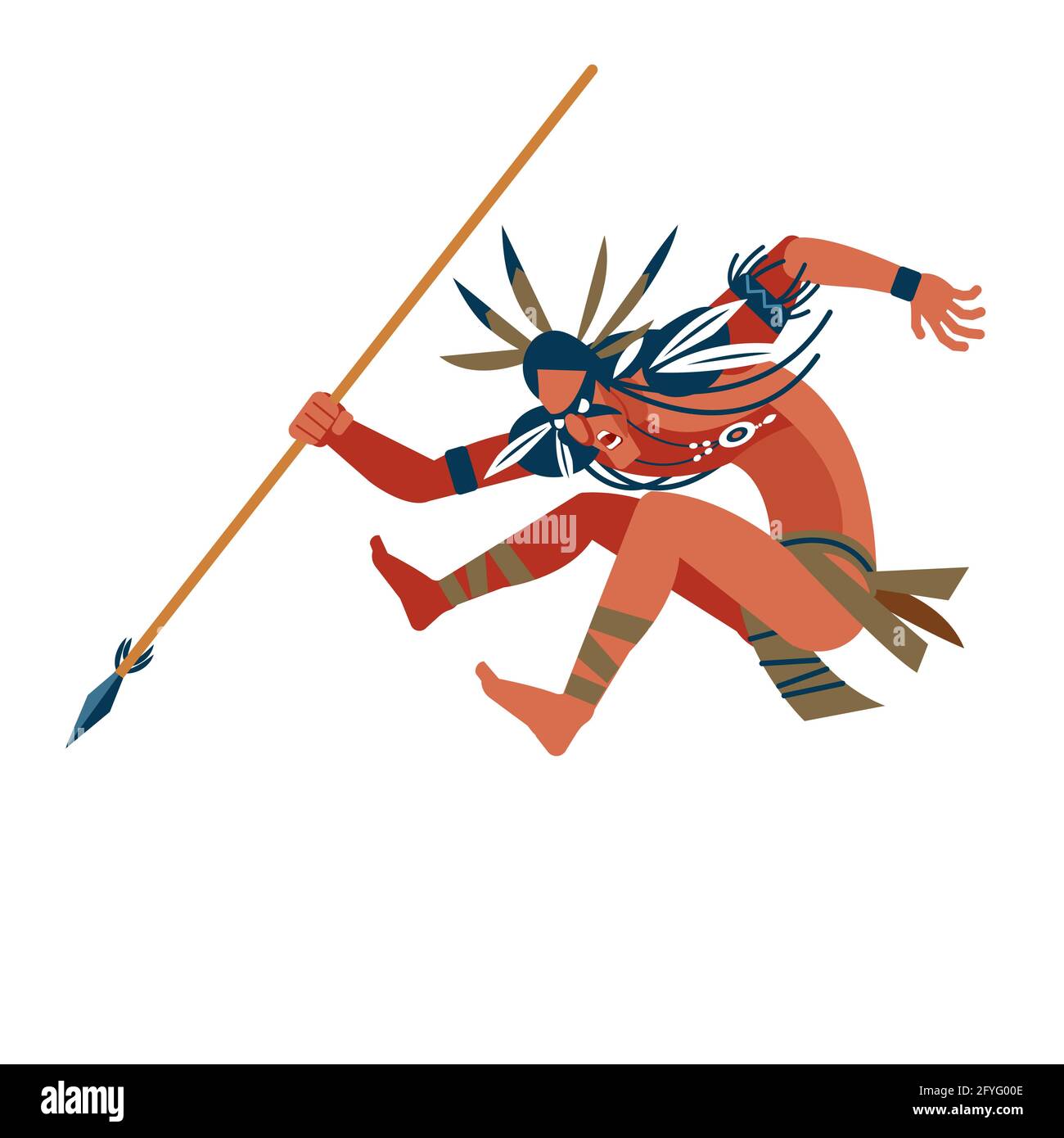 Der wilde indianische Krieger rannte, um seine Beute anzugreifen. Ungewöhnliche wilde Kostüme, Schmuck, Make-up Kampf und Speer in der Hand. Cartoon, flacher Vektor Stock Vektor