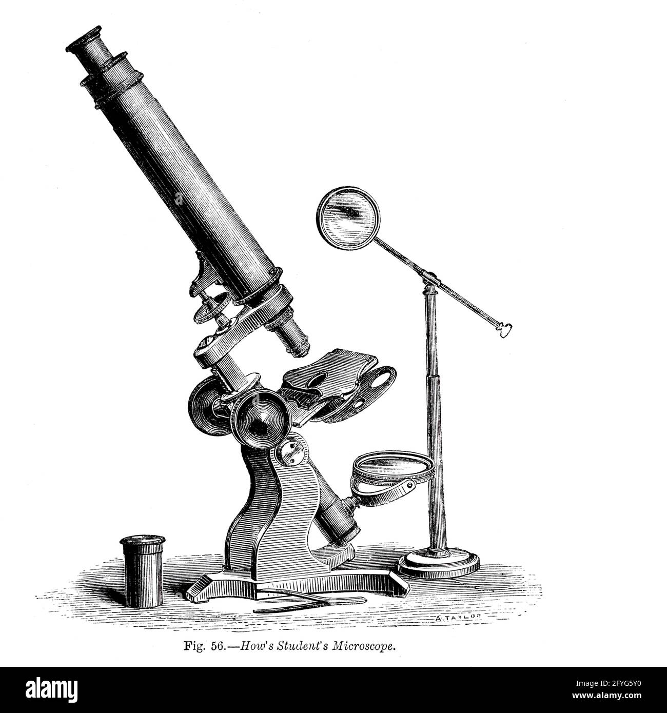 Abb. 56. How's Students Microscope aus dem Buch "das Mikroskop: Seine Geschichte, Konstruktion und Anwendung" von Hogg, Jabez, 1817-1899 Veröffentlicht 1869 in London von G. Routledge mit Illustrationen von TUFFEN WEST Stockfoto