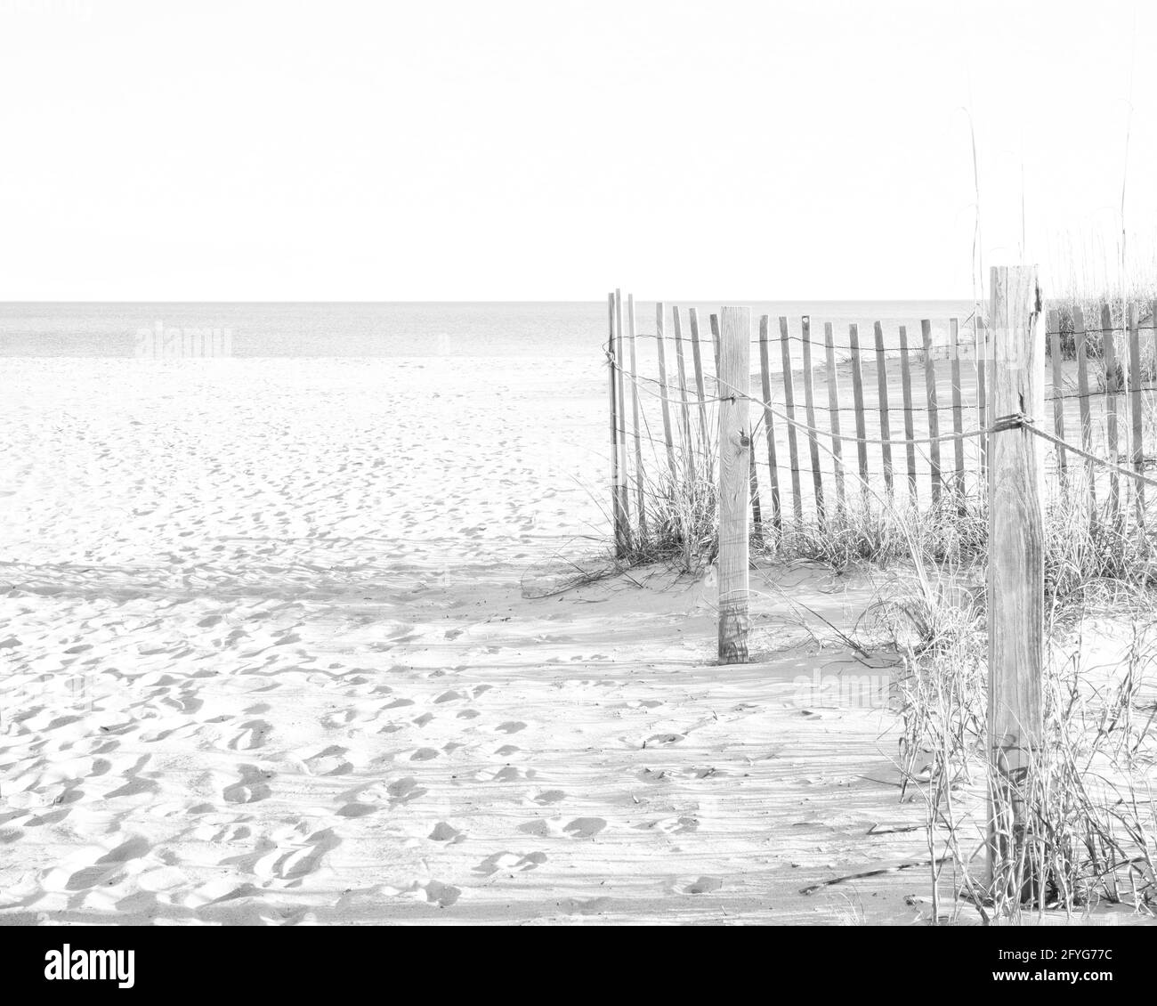Florida Strandszene mit Strandzaun und Pfosten. Blauer Himmel und weiße Wolken. Stockfoto
