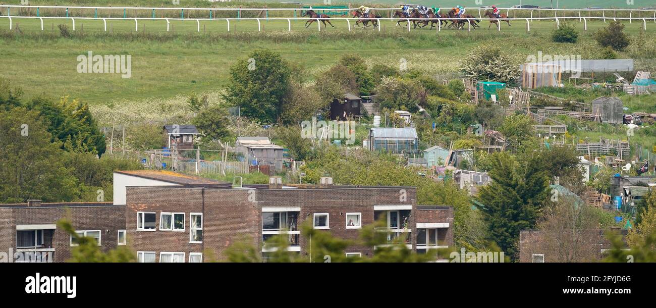 Eine allgemeine Ansicht als Läufer in der whichbookie.co.uk Free Football Tips Handicap (Div 1) machen ihren Weg entlang der Strecke auf Brighton Racecourse. Bilddatum: Freitag, 28. Mai 2021. Stockfoto