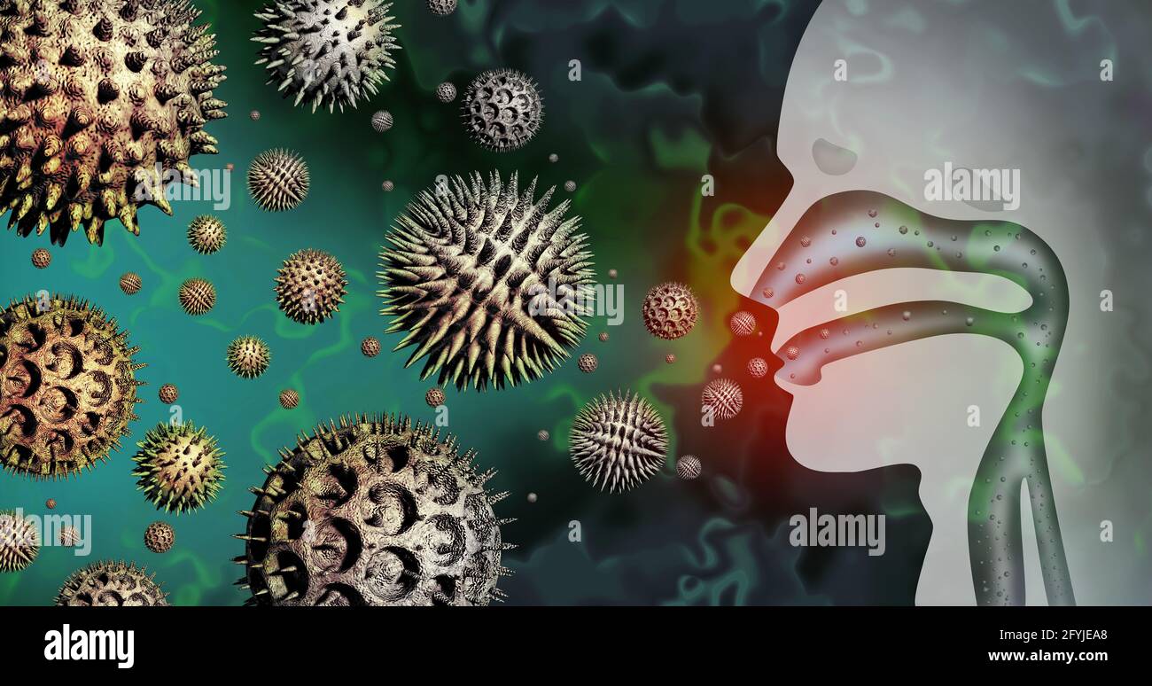 Pollenallergiesymptome und menschliche saisonale Allergien oder Heuschnupfen allergische Reaktion als medizinisches Konzept mit einer Gruppe mikroskopischer organischer Substanzen. Stockfoto