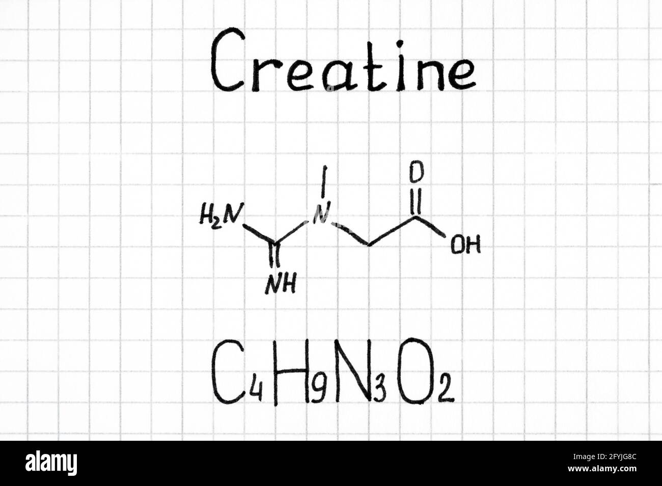 Handschrift Chemische Formel von Kreatinin. Nahaufnahme. Stockfoto