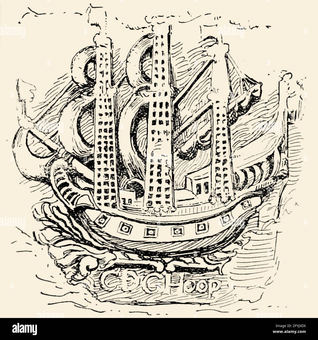Das Schiffszeichen der Dutch East India Company, geschnitzt auf einem Stein in der Burg, Kapstadt, Südafrika aus dem Buch "Old Cape Colony; eine Chronik ihrer Männer und Häuser aus dem Jahr 1652-1806" von Trotter, Alys Fane (Keatinge), Mrs Erscheinungsdatum 1903 veröffentlicht von Westminster : A. Constable & co., ltd. Stockfoto