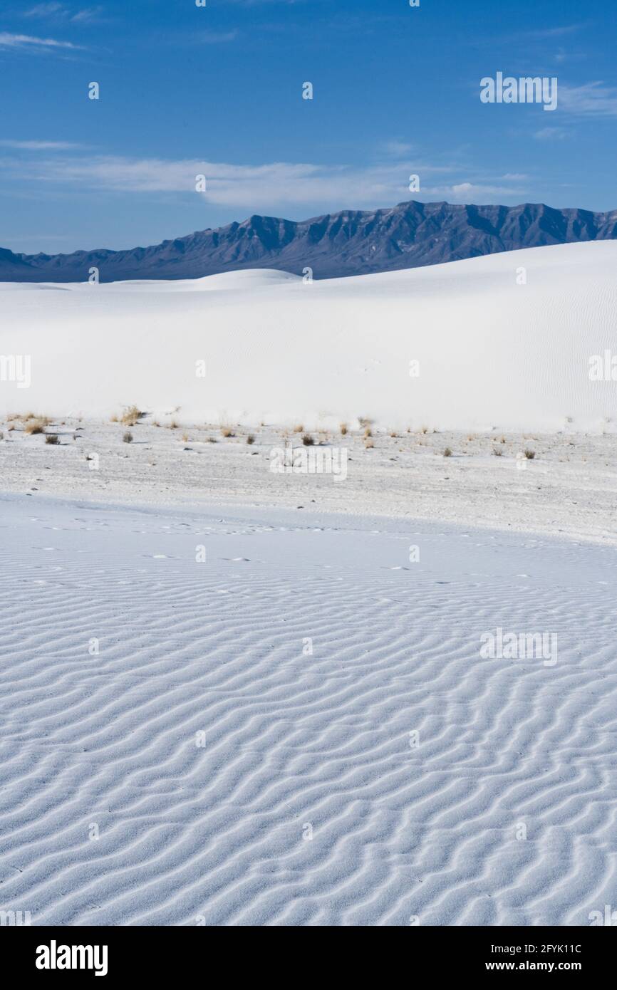 Dünenfelder im White Sands National Park, New Mexico. Die San Andres Berge sind im Hintergrund. Stockfoto