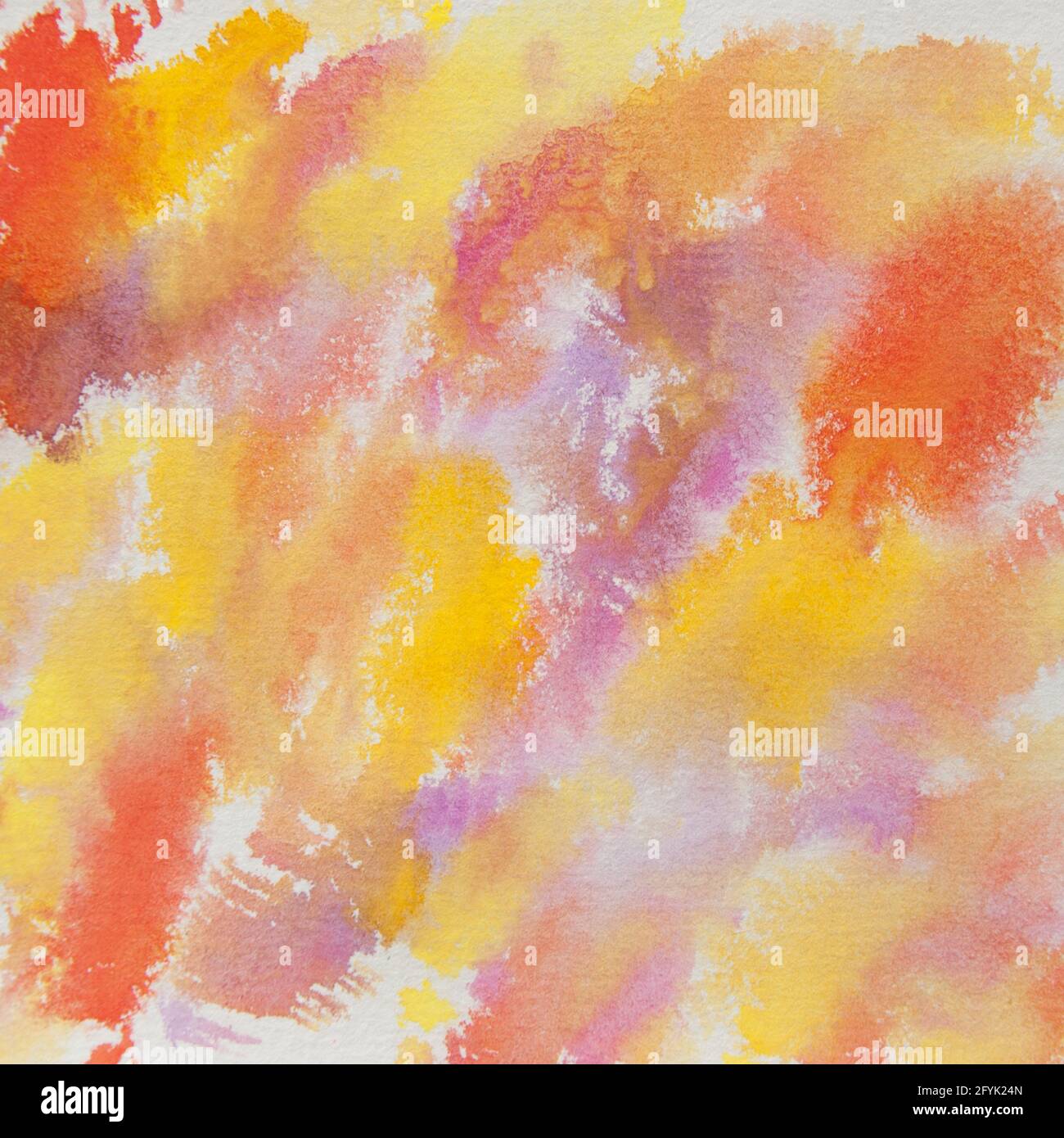 Aquarell gemalter Hintergrund in abstraktem Muster mit bunten Farbspritzern und Texturen. 12x12 Digitalpapier für Seitenelemente, Grafikdesign, pa Stockfoto