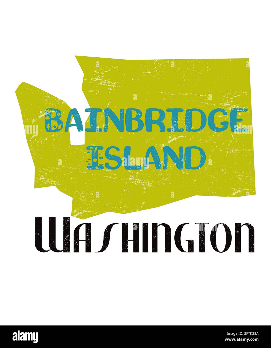 Bainbridge Island Washington Grafik in einem verzweifelten Design mit der Form des Staates Washington. Fähre Island Fahrt von Seattle Washington Stockfoto