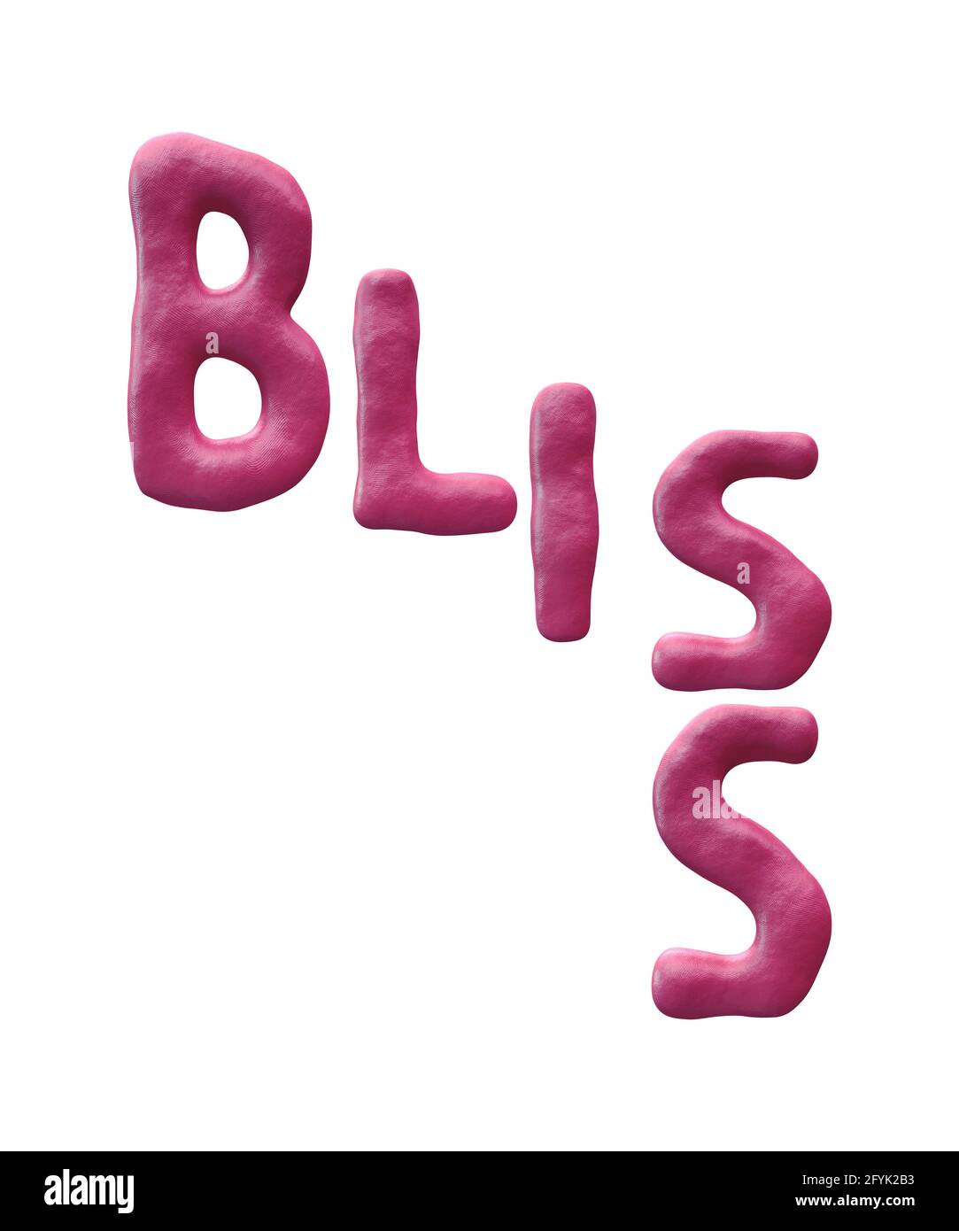 Bliss-Wort in rosa Tonschrift für Konzepte von großer Freude und Glück auf weißem Hintergrund. Stockfoto