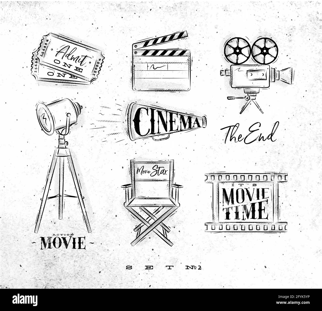 Kino Symbole Ticket, Klappbrett, Filmkamera, Horn, Suchscheinwerfer, Stuhl für einen Filmstar, Filmzeichnung auf schmutzigem Papierhintergrund Set 2 Stock Vektor