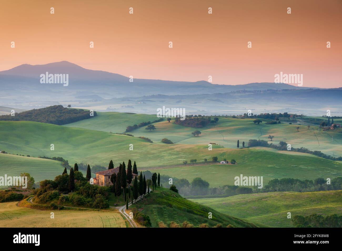 Das berühmte Bauernhaus Belverdere, das in das frühe Morgenlicht getaucht ist, ist eine der schönsten Sehenswürdigkeiten im Val d'Orcia-Tal in der Toskana. Stockfoto