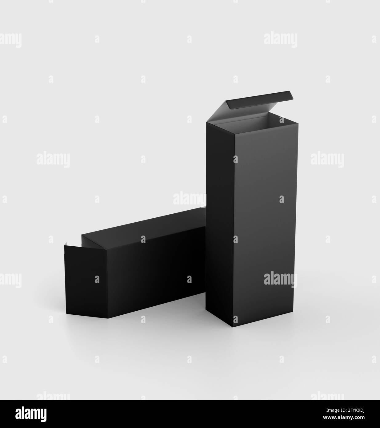 Black Box Mockup, Dark Karton Container 3d-Rendering isoliert auf hellem Hintergrund Stockfoto