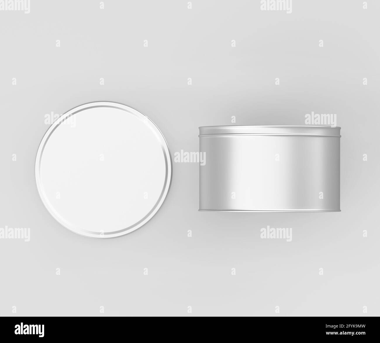 Weiße runde Dose Mockup, unbeschriftete Lebensmittelbehälter, 3d-Rendering isoliert auf hellgrauem Hintergrund, bereit für Ihr Design Stockfoto