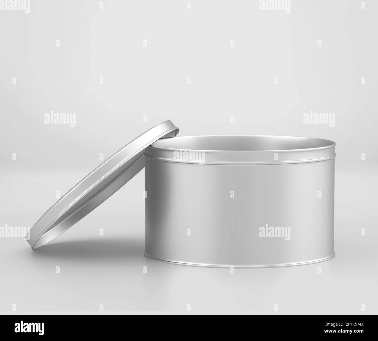 Weiße runde Dose Mockup, unbeschriftete Lebensmittelbehälter, 3d-Rendering isoliert auf hellgrauem Hintergrund, bereit für Ihr Design Stockfoto