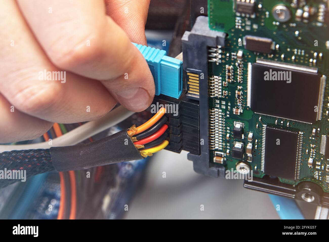 In der Systemeinheit des Computers sind Festplatten installiert und an die Hauptplatine angeschlossen. Stockfoto