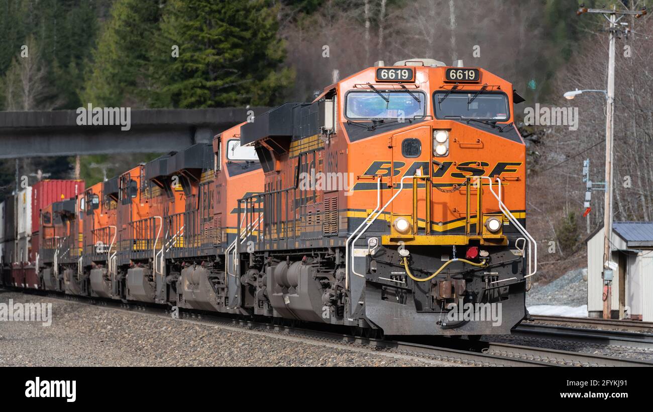 Scenic, WA, USA - 04. April 2019; EIN intermodaler BNSF-Güterzug fährt hinter sechs Triebwerken westwärts durch die Washington Cascades Stockfoto