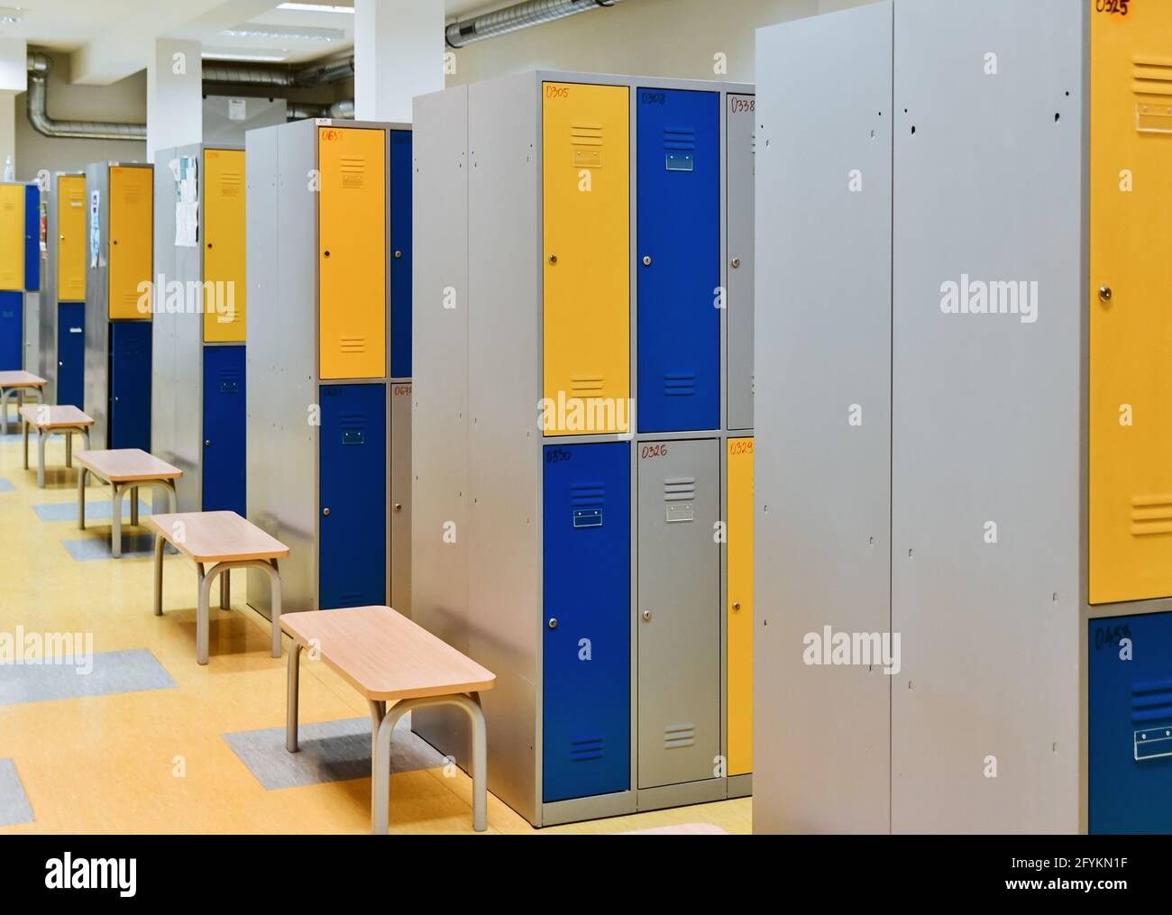 Schulflur mit bunten Schließfächern. Stockfoto
