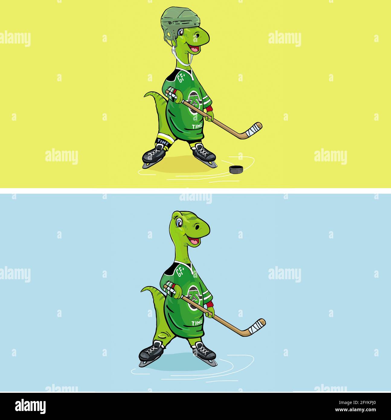 Ein Satz Dinosaurier T-REX Maskottchen - spielt in Hockey isoliert Stockfoto