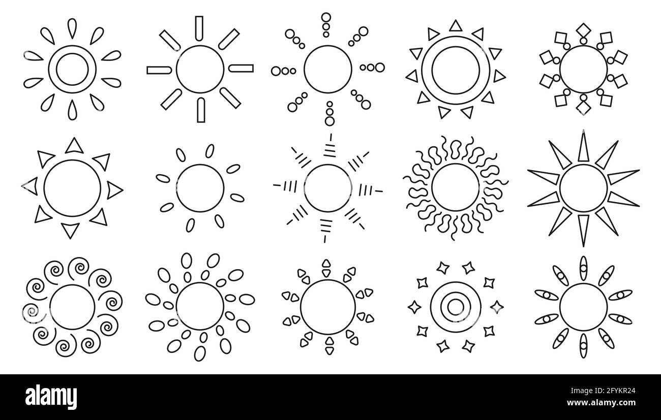 Schwarze Silhouette Linie Umriss Sonne auf weißem Hintergrund isoliert. Wetter sonnig Sommer Symbol für Web und App. Element Sonnenlicht. Gartengeschäft Design.für Lebensmittelverpackungen, Kaffeetassen, Geschenkpapier Stock Vektor