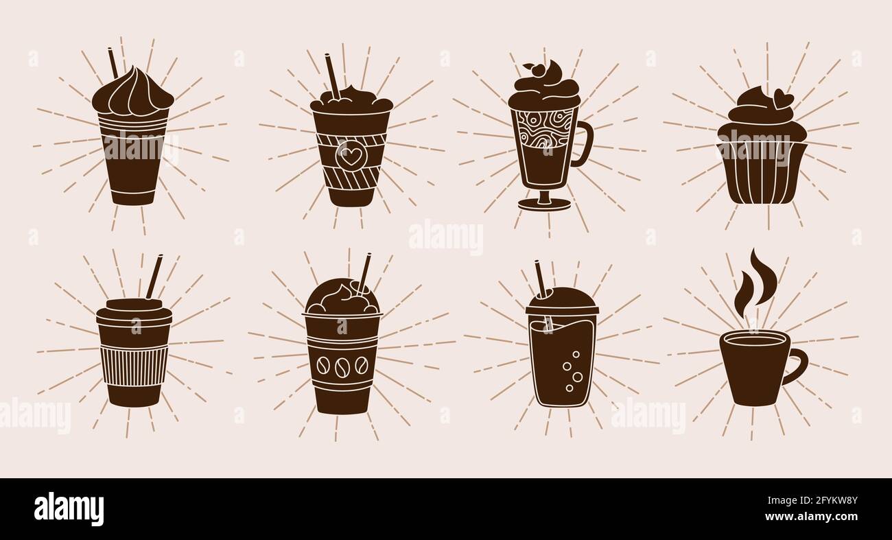 Kaffeetasse mit Sunburst oder Lichtstrahlen Cartoon-Set. Trendy Doodle  flach verschiedene Tassen zu gehen, platzen Sonnenstrahlen. Heiße  Schokolade, lineare Zeichnung. Verschiedene Kaffeetassen Icon Kollektion.  Vektorgrafik Stock-Vektorgrafik - Alamy