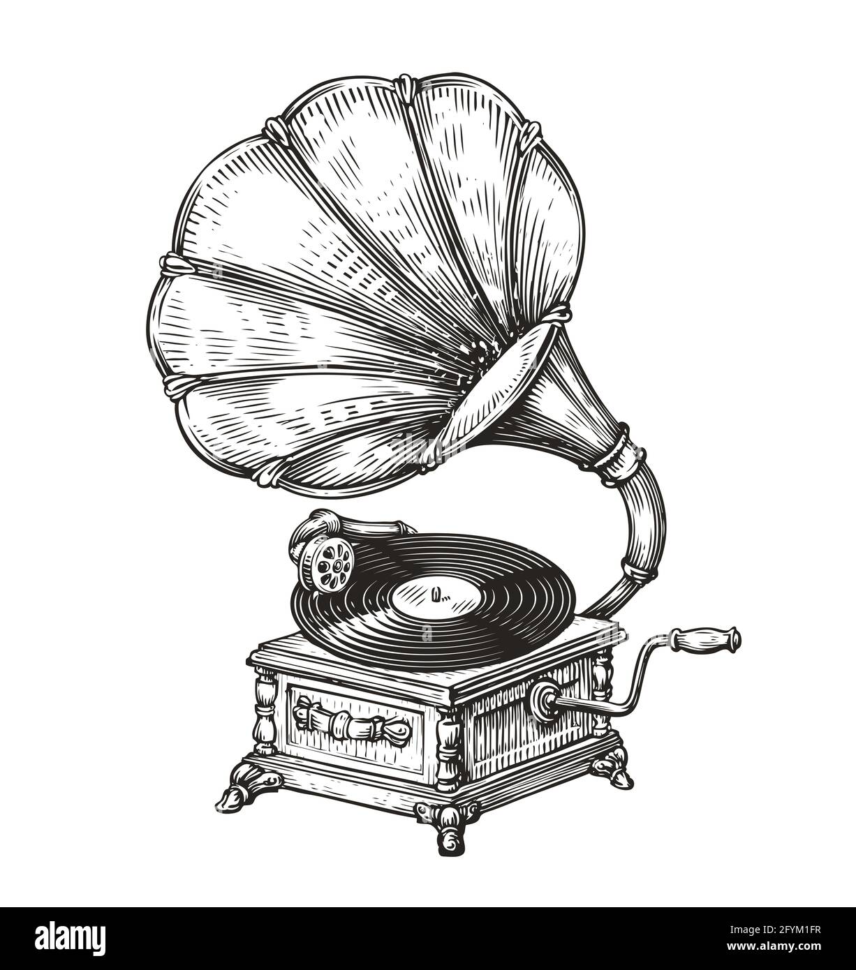 Retro-Schallplattenspieler. Handgezeichnete Illustration im Vintage-Gravurstil Stockfoto
