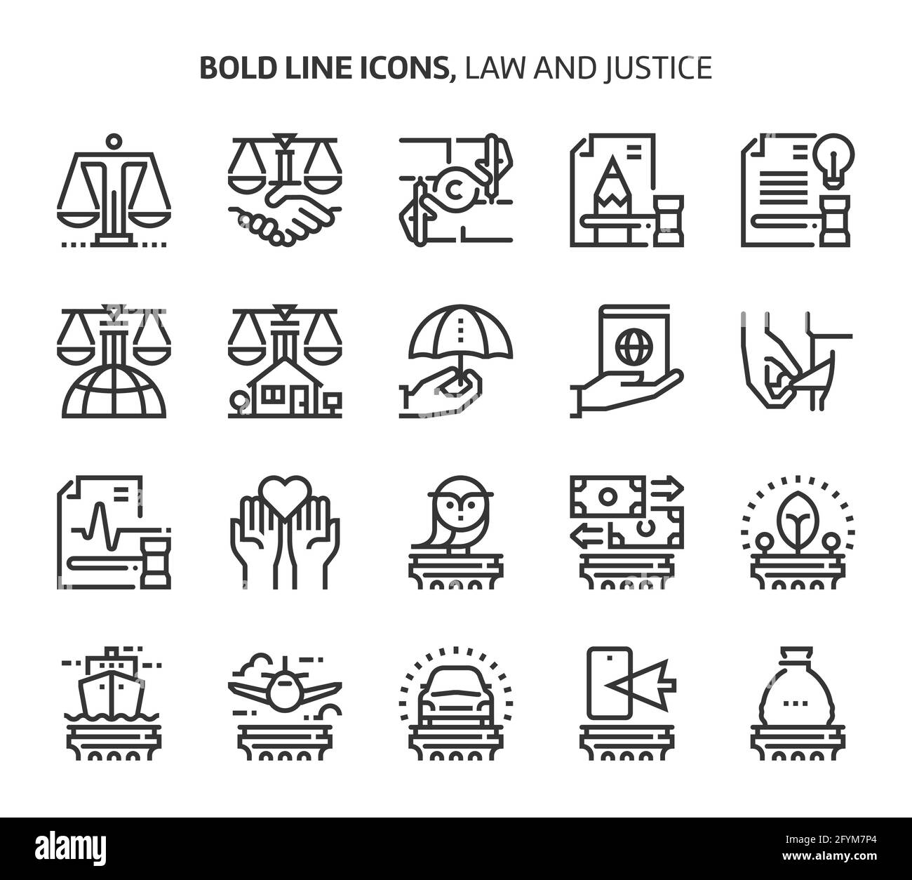 Recht und Gerechtigkeit, Symbole mit fetten Linien. Die Illustrationen sind Vektorgrafiken, bearbeitbare Striche, 48x48 Pixel perfekte Dateien. Mit Präzision und Auge für Qualität gefertigt Stock Vektor