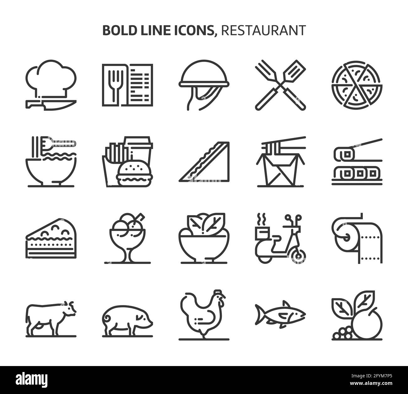 Restaurant, Symbole mit fetten Linien. Die Illustrationen sind Vektorgrafiken, bearbeitbare Striche, 48x48 Pixel perfekte Dateien. Mit Präzision und einem Auge für Qualität gefertigt. Stock Vektor