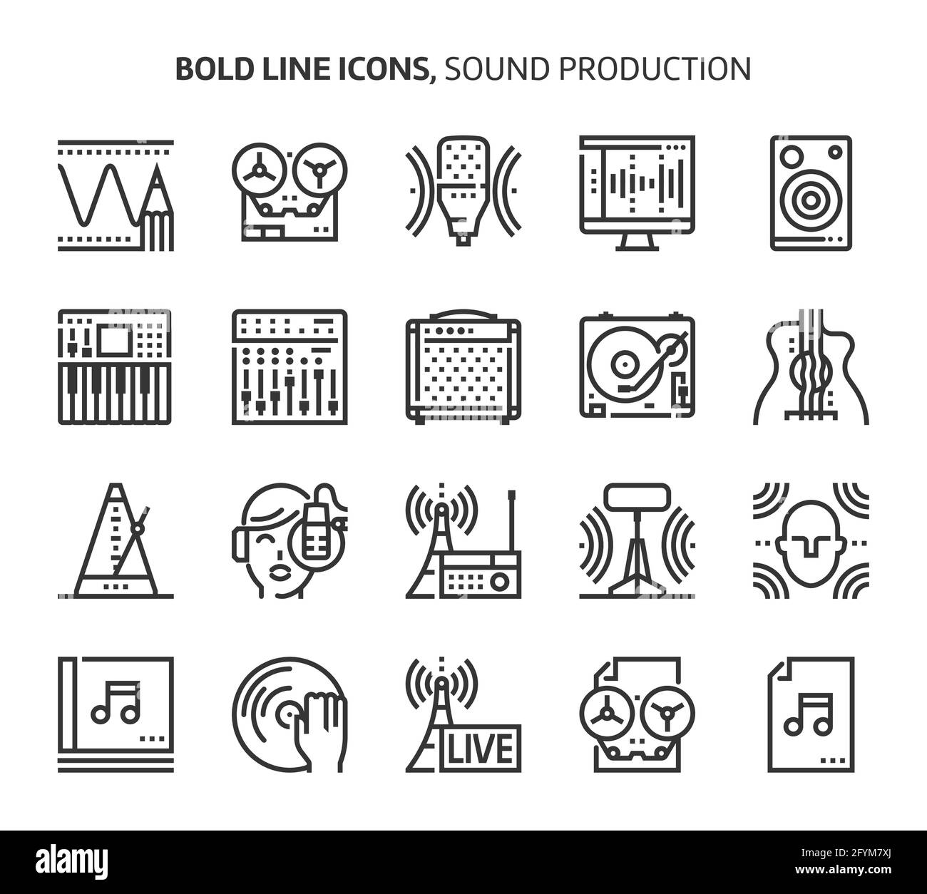 Sound-Produktion, markante Liniensymbole. Die Illustrationen sind Vektorgrafiken, bearbeitbare Striche, 48x48 Pixel perfekte Dateien. Mit Präzision und Auge für Qual gefertigt Stock Vektor