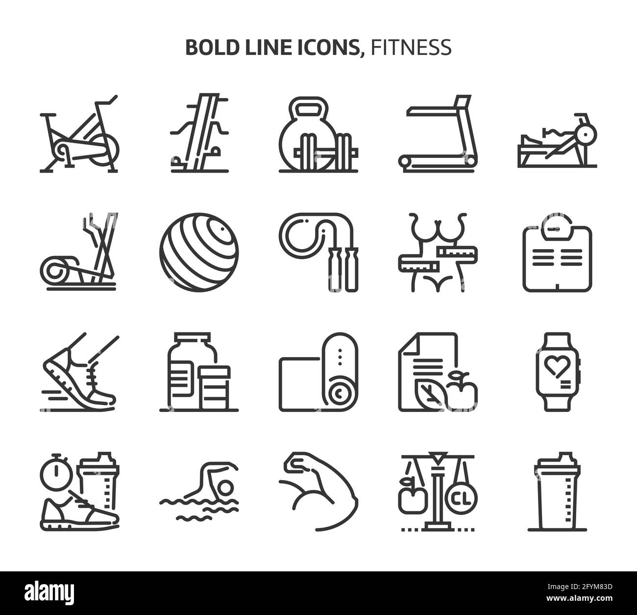 Fitness, Symbole mit fetten Linien. Die Illustrationen sind Vektorgrafiken, bearbeitbare Striche, 48x48 Pixel perfekte Dateien. Mit Präzision und einem Auge für Qualität gefertigt. Stock Vektor