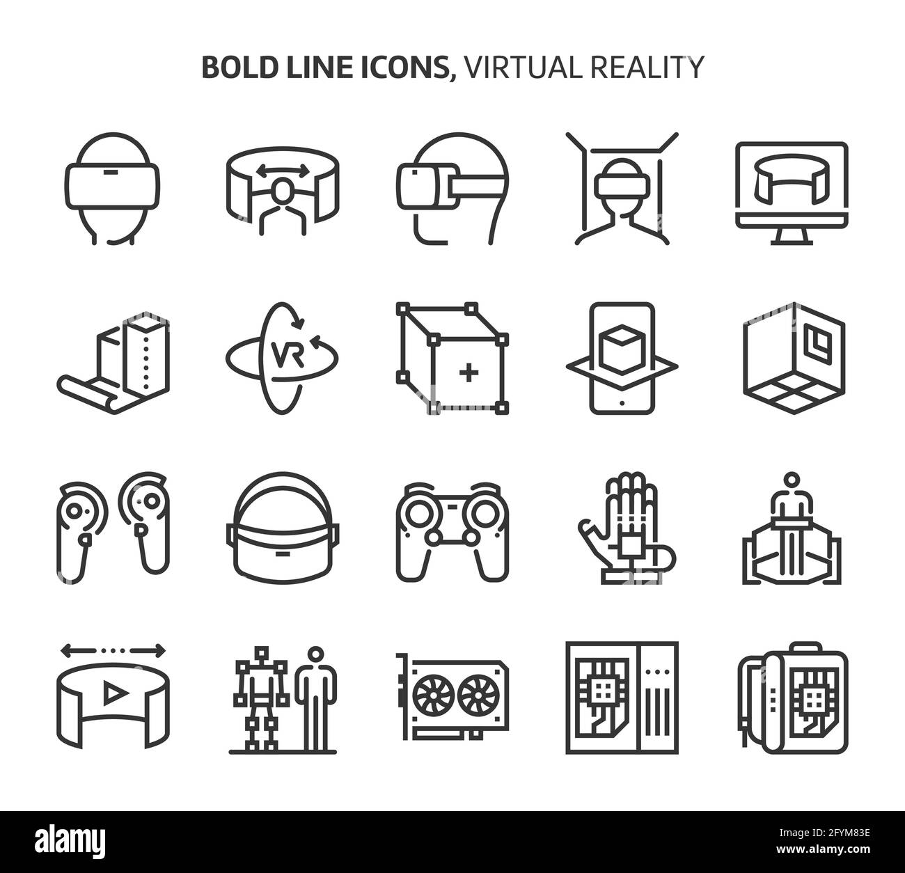 Virtuelle Realität, Symbole mit fetten Linien. Die Illustrationen sind Vektorgrafiken, bearbeitbare Striche, 48x48 Pixel perfekte Dateien. Mit Präzision und Auge für Qualität gefertigt Stock Vektor