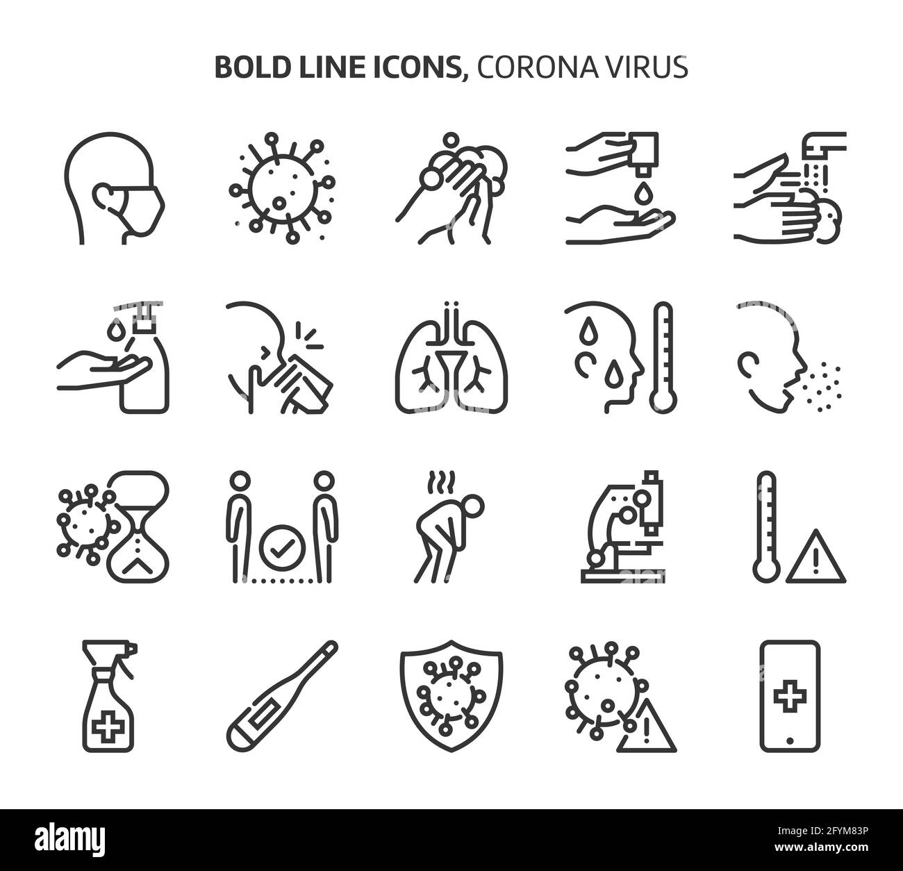 Corona-Virus, Symbole mit fetten Linien. Die Illustrationen sind Vektorgrafiken, bearbeitbare Striche, 48x48 Pixel perfekte Dateien. Mit Präzision und einem Auge für Qualität gefertigt. Stock Vektor