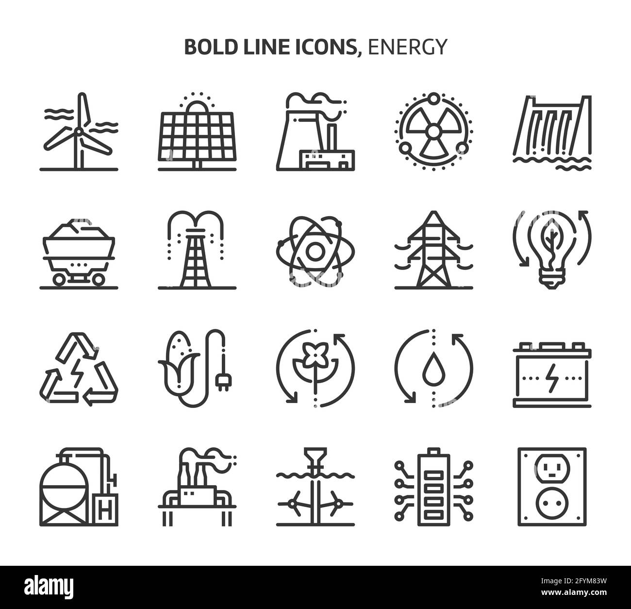 Symbole für Energie, fette Linien. Die Illustrationen sind Vektorgrafiken, bearbeitbare Striche, 48x48 Pixel perfekte Dateien. Mit Präzision und einem Auge für Qualität gefertigt. Stock Vektor