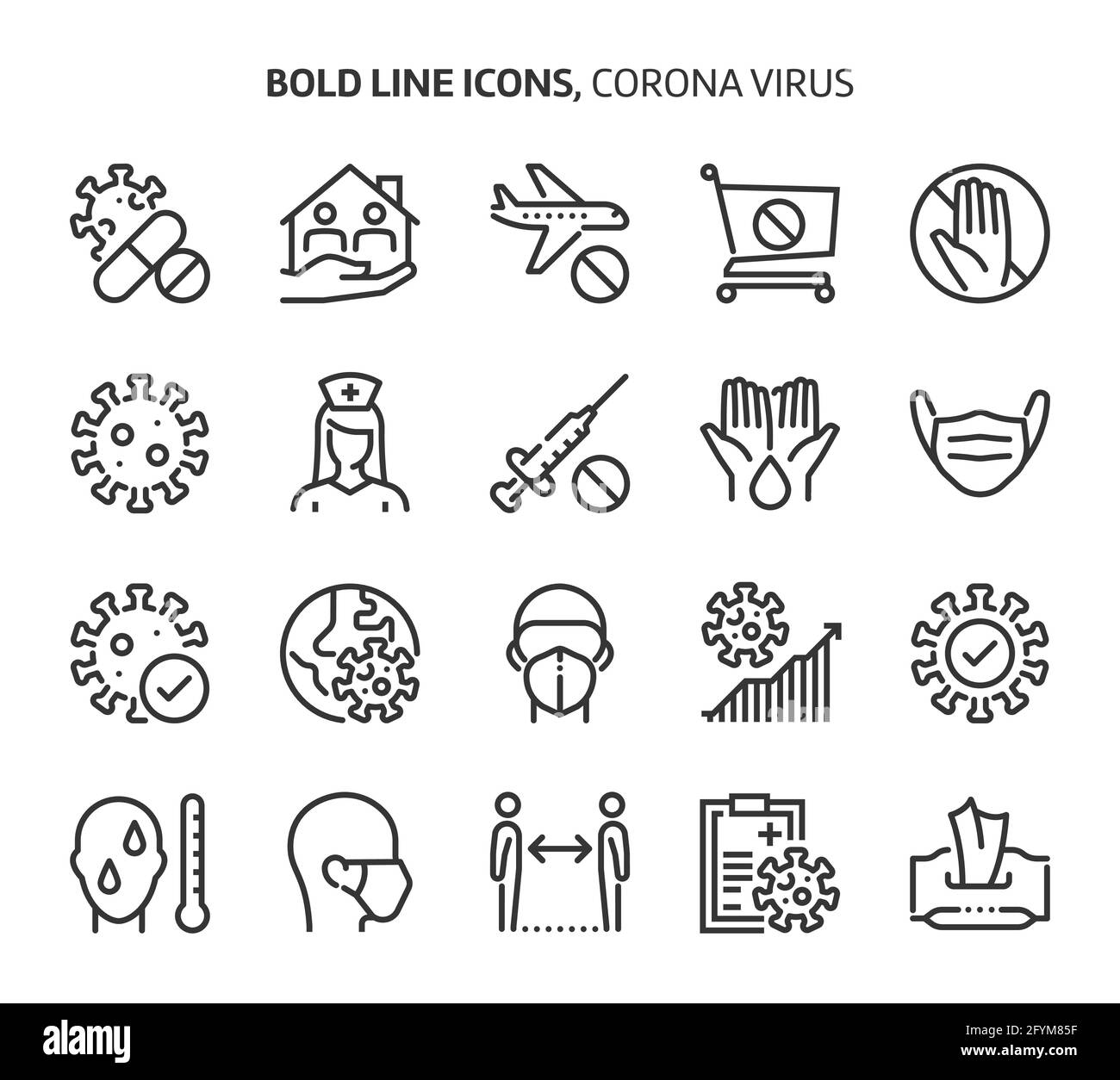 Corona-Virus, Symbole mit fetten Linien. Die Illustrationen sind Vektorgrafiken, bearbeitbare Striche, 48x48 Pixel perfekte Dateien. Mit Präzision und einem Auge für Qualität gefertigt. Stock Vektor