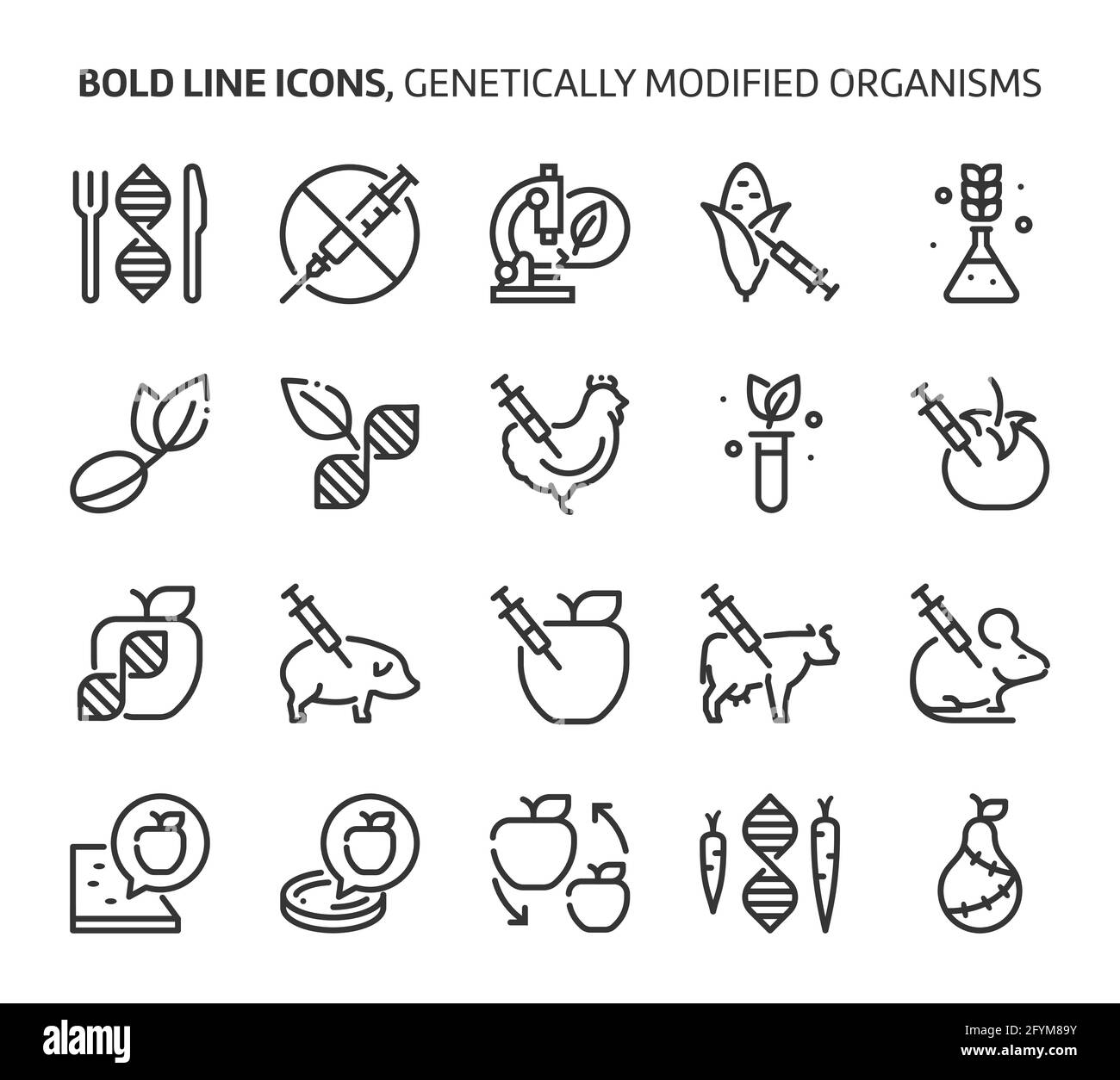 Gentechnisch veränderte Organismen, Symbole mit fetten Linien. Die Illustrationen sind Vektorgrafiken, bearbeitbare Striche, 48x48 Pixel perfekte Dateien. Mit Präzision und Präzision gefertigt Stock Vektor