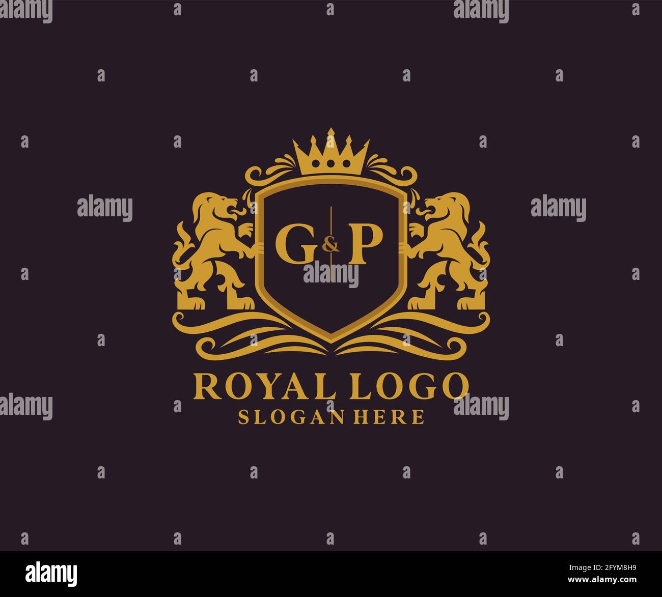 GP Letter Lion Royal Luxury Logo Vorlage in Vektorgrafik für Restaurant, Royalty, Boutique, Cafe, Hotel, Wappentisch, Schmuck, Mode und andere Vektor il Stock Vektor