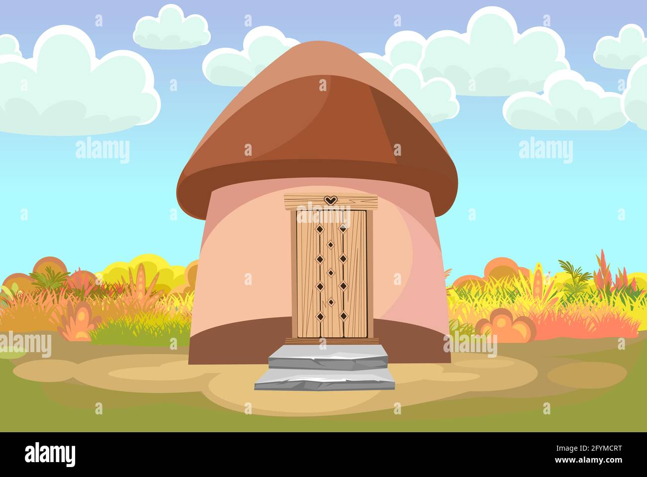 Fabelhaftes lustiges Haus auf der Lichtung. Braunes Dach. Graswiese. Cloud. Schöne Cartoon Landschaft Illustration. Holztür. Nettes Baby Bild. Vektor Stock Vektor