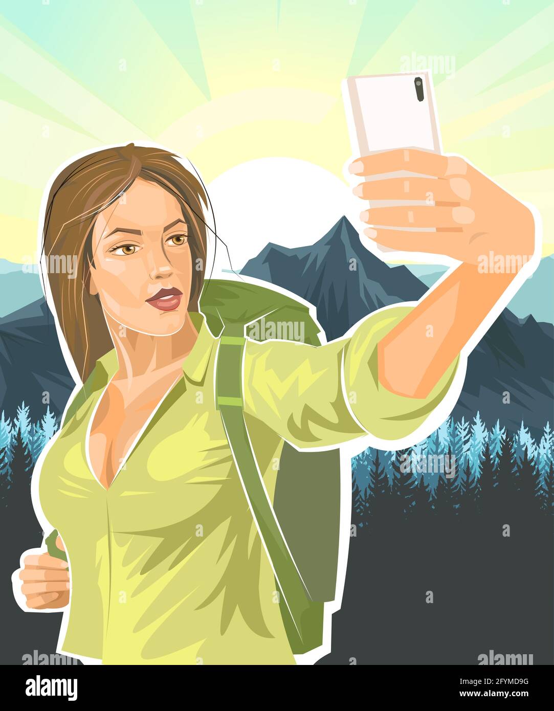 Selfie. Schöne Mädchen Tourist. Rucksack. Vor dem Hintergrund einer Landschaft mit Bergen, Nadelwald und Sonnenaufgang. Hübsche Frau auf der Reise. Flach Stock Vektor