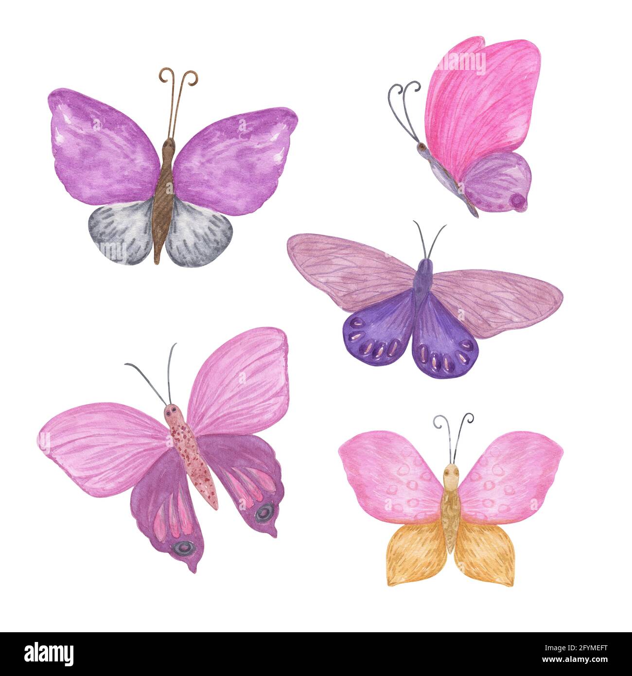 Bunte Schmetterlinge Set Aquarell Illustration violett, rosa, blau, rot, gelb, Einfache handgezeichnete bunte Cliparts für Karten, Einladungen, Texti Stockfoto