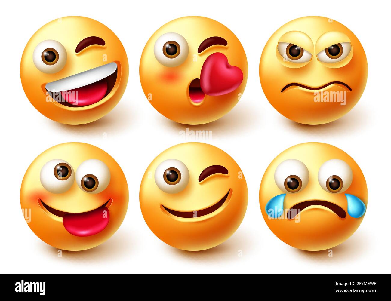 Emoticon Smiley-Vektor-Zeichensatz. Emoji Smileys 3d-Charaktere mit Mimik glücklich, wütend, weinend und zwinkend isoliert. Stock Vektor
