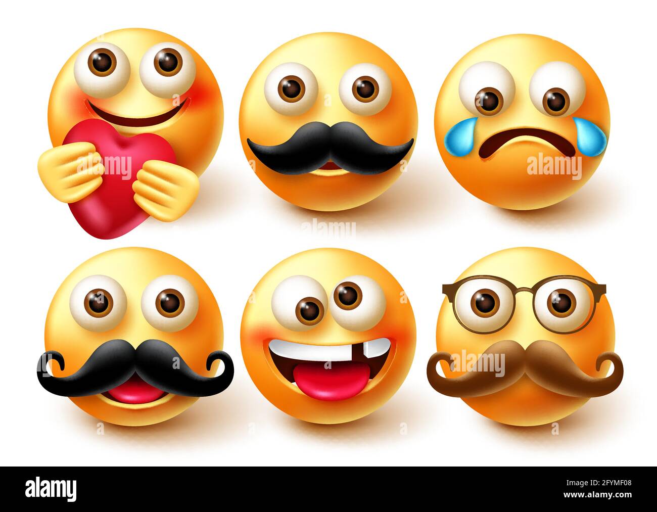 Emoji-Smileys-Vektor-Zeichensatz. Smiley 3d-Emoticon in fröhlicher und weinender Emotion mit Elementen wie Schnurrbart und Herz für Emoticons-Design. Stock Vektor