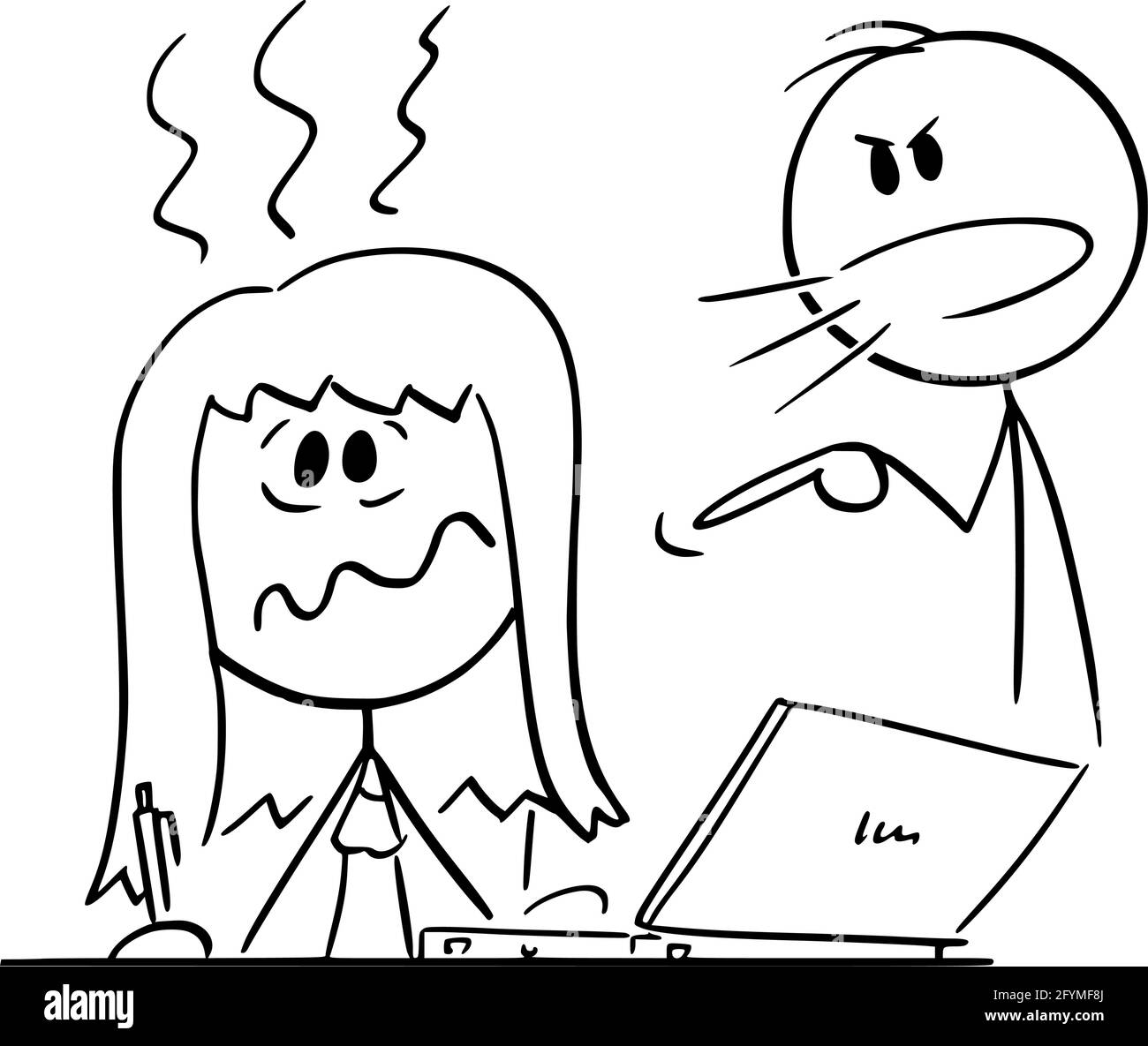 Frau, die im Home Office arbeitet oder Arbeiter, die am Computer tippt, schreit Ehemann oder Chef, Vektorgrafik Cartoon Stick Figure Illustration Stock Vektor