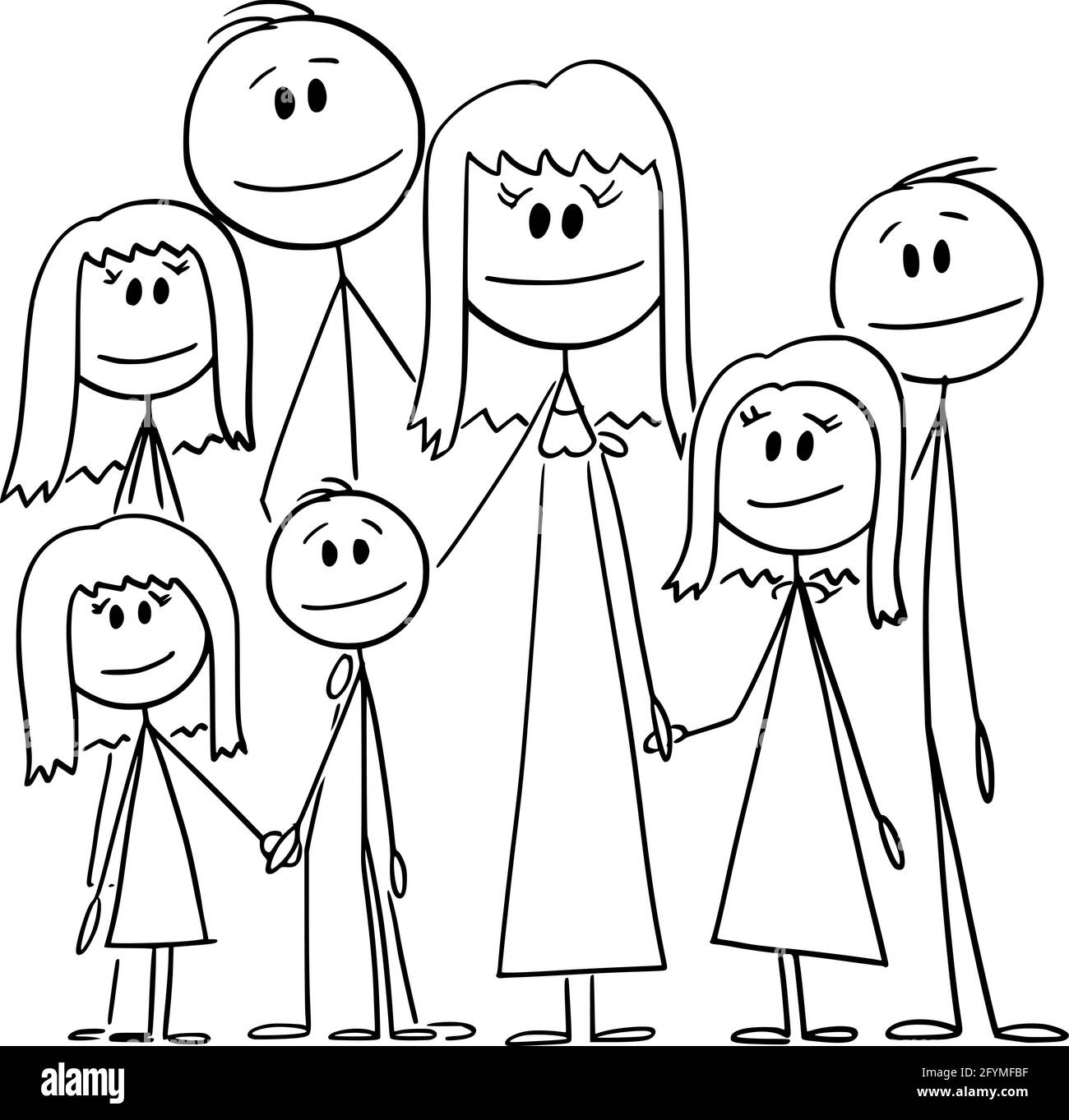 Porträt der großen glücklichen Familie mit fünf Kindern, Vektor Cartoon Stick Abbildung Stock Vektor