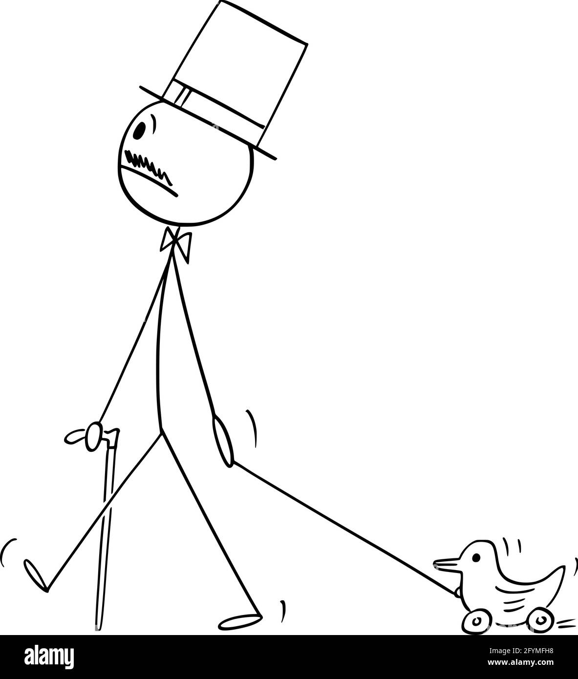 Verrückter Adliger, der mit Stock und Top-Hut läuft, Spielzeugente zieht, Vektor-Cartoon-Stick-Abbildung Stock Vektor