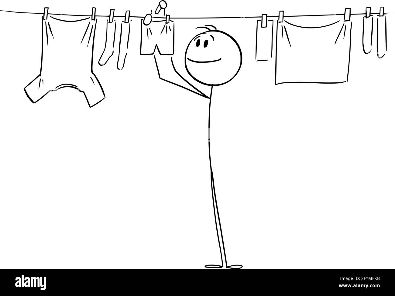 Person oder Mann hängen saubere Kleidung auf Linie mit Pegs , Vektor Cartoon Stick Abbildung Stock Vektor