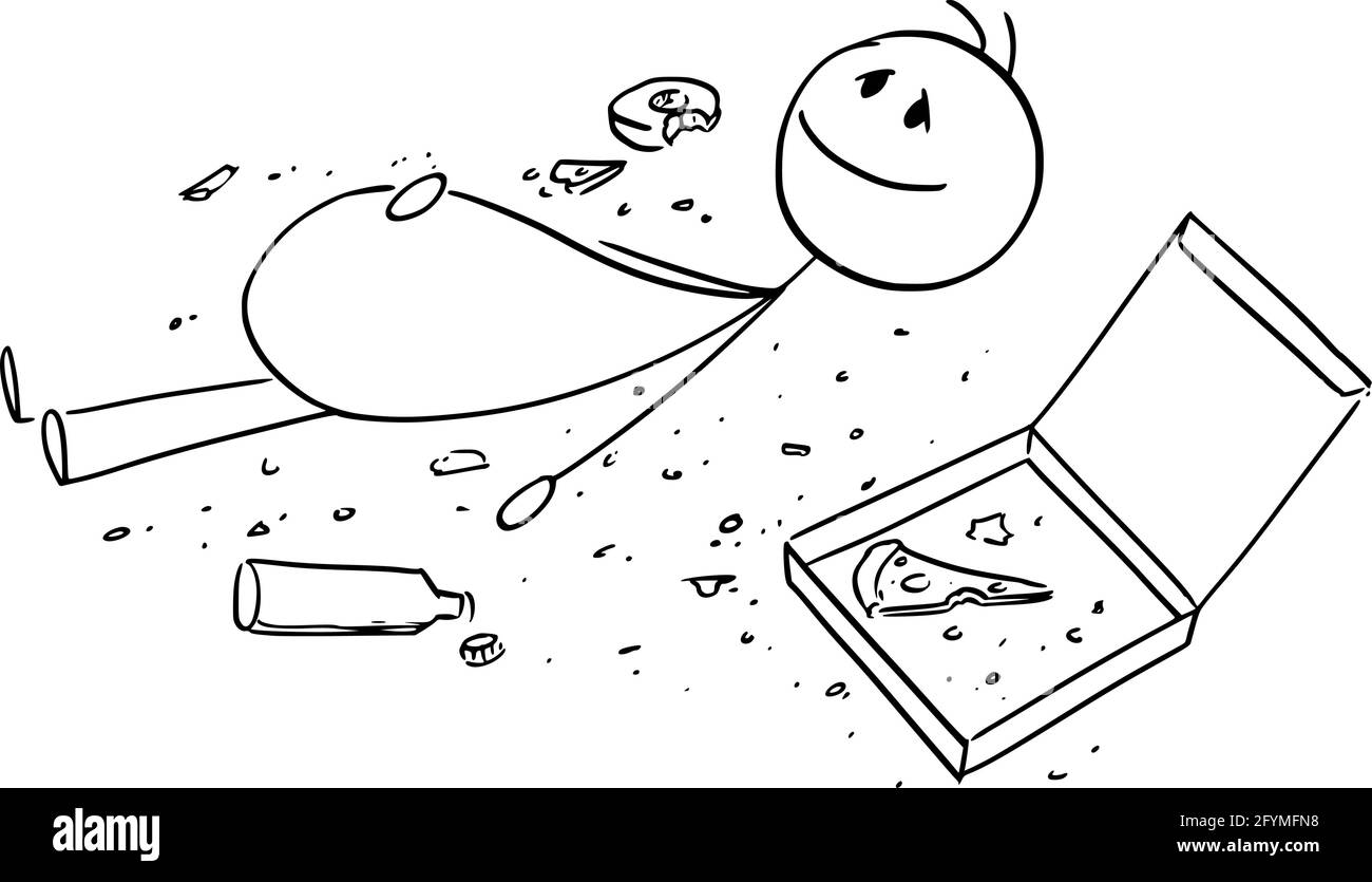 Übergefressen Mann oder Person, auf dem Boden liegend mit Krümel um, Vektor Cartoon Stick Figur Illustration Stock Vektor