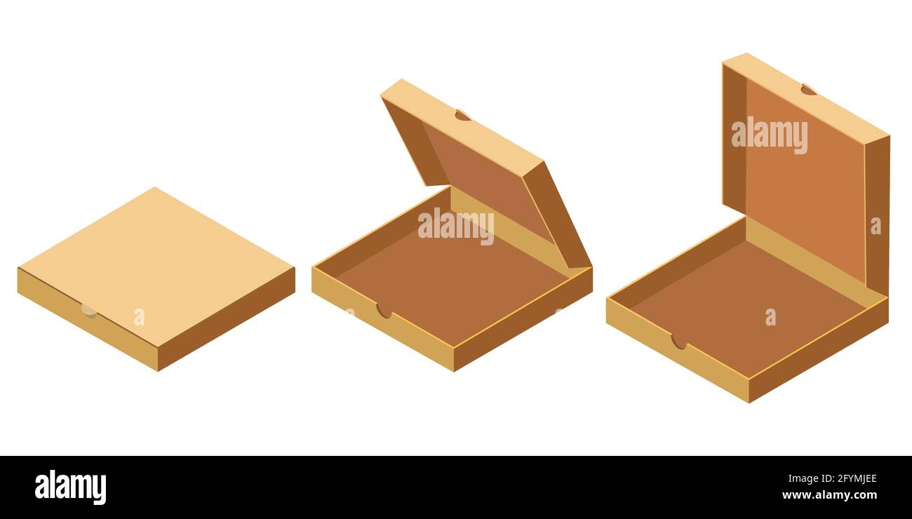 Pizza isometrisch offen, geschlossene Kartons Set, Lieferung. Verpackungsvorlage, flaches Design. Vektor Stock Vektor