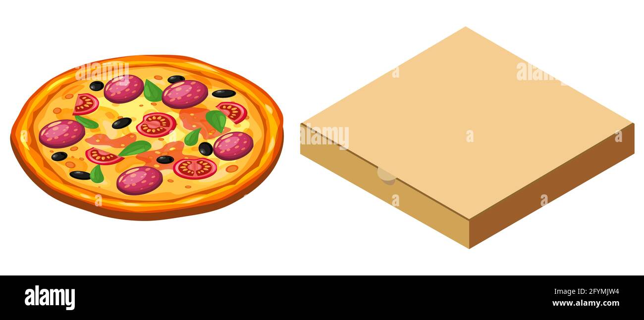 Pizza- und Kartonverpackung geschlossen, isometrisch. Verpackungsvorlage, Lieferung, flaches Design. Vektor Stock Vektor