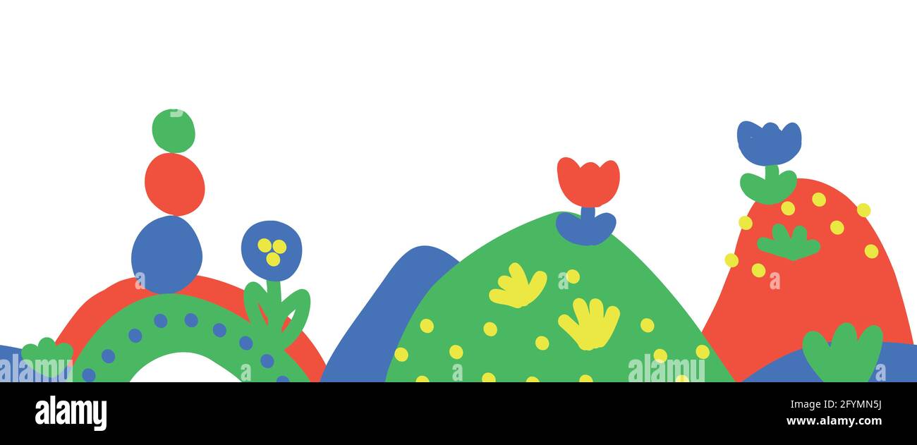 Nahtlose Kinder Zeichnung Rahmen Vektor. Kindliche, von Hand gezeichnete Hügel, Blumen, die sich horizontal wiederholende Muster wiederholen. Für Kinderplakate, Einladungen Stock Vektor