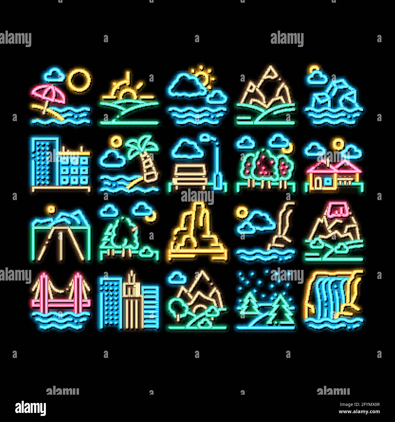 Landschaft Reise Ort Neon leuchten Symbol Illustration Stock Vektor